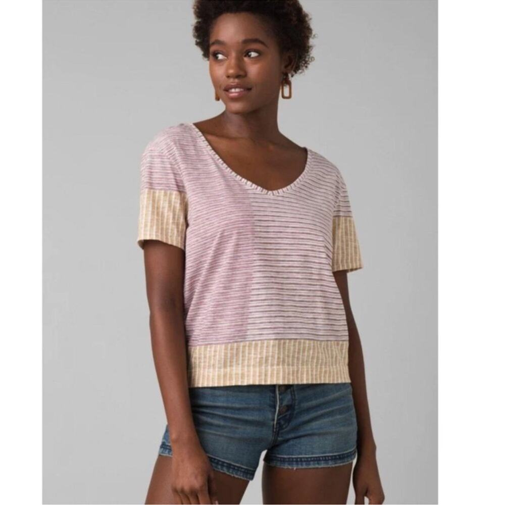 Prana Free Float Striped Relaxed Fit Short Sleeve Tee Purple Yellow Large